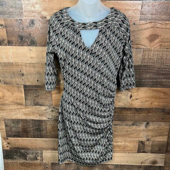 Miss Tina Midi Dress Keyhole V Neck Aztec Black Brown Tan Turquoise Print Medium - Picture 15 of 15
